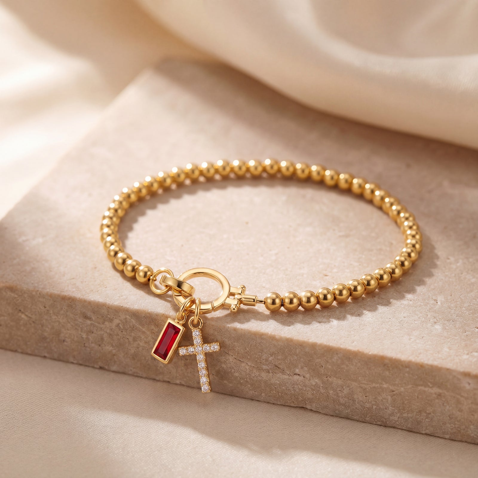 Dainty Cross Charm Birthstone Bracelet