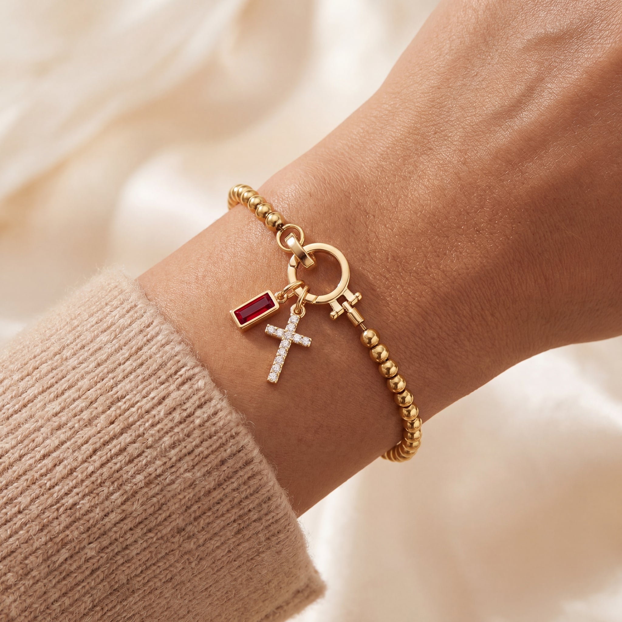 Dainty Cross Charm Birthstone Bracelet