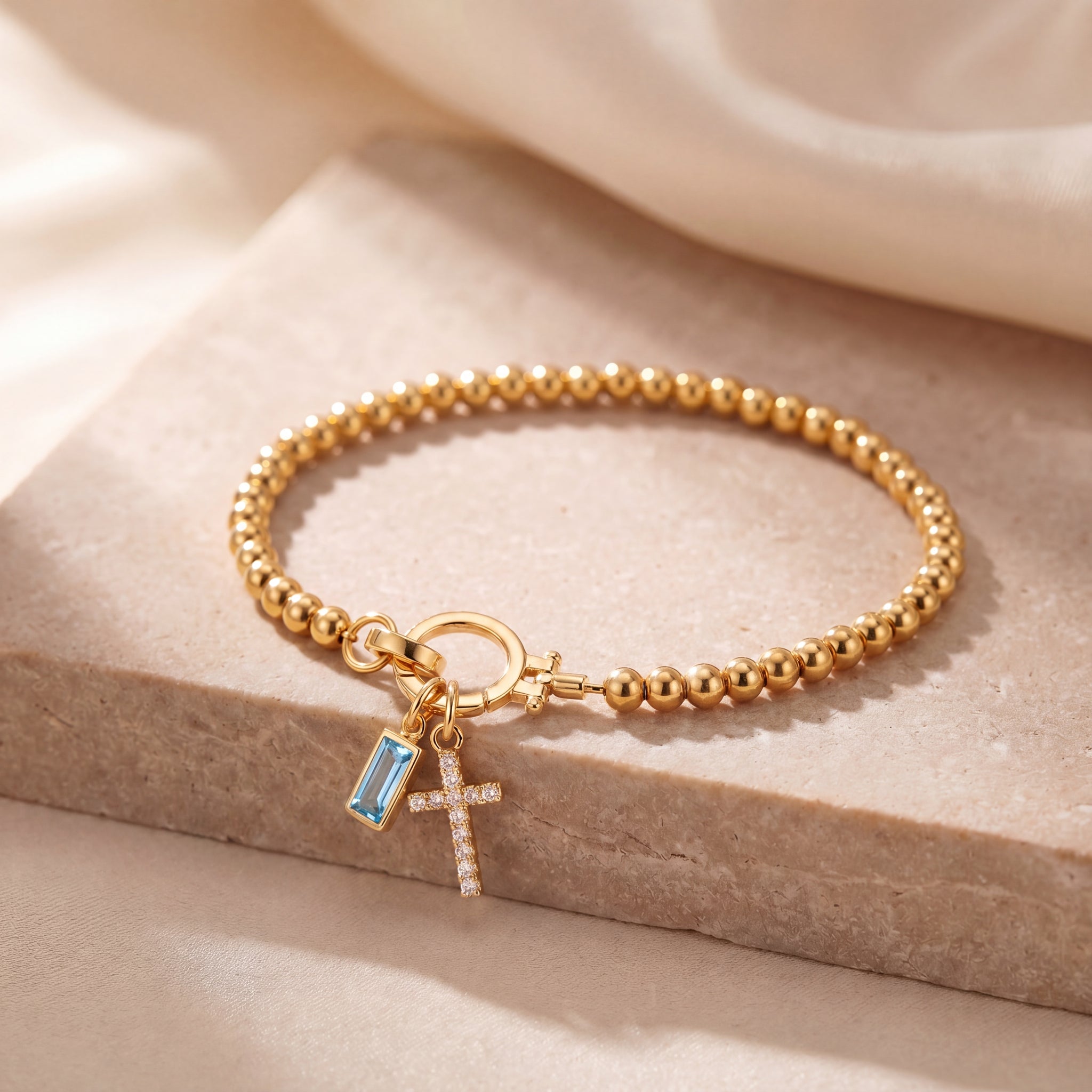 Dainty Cross Charm Birthstone Bracelet