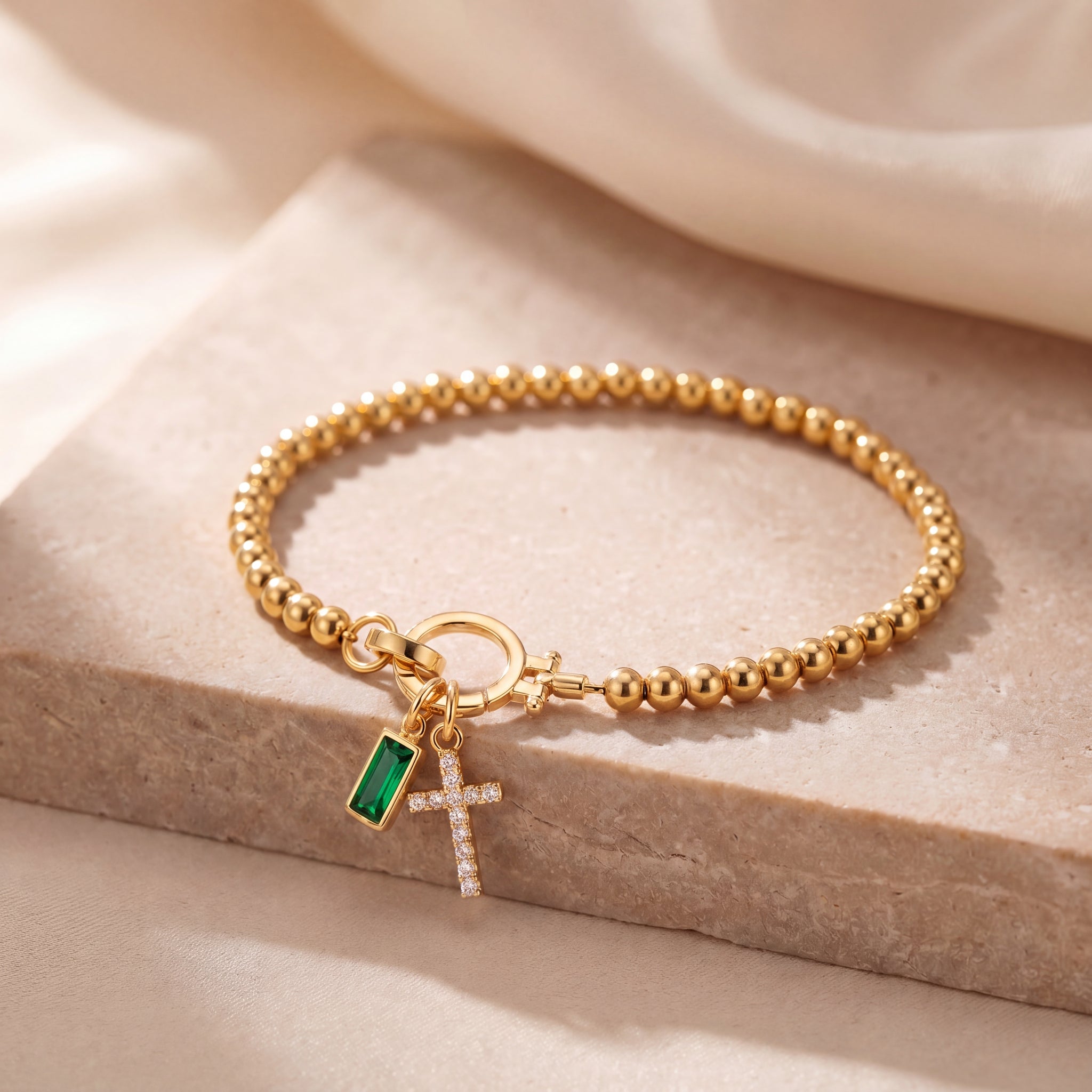 Dainty Cross Charm Birthstone Bracelet