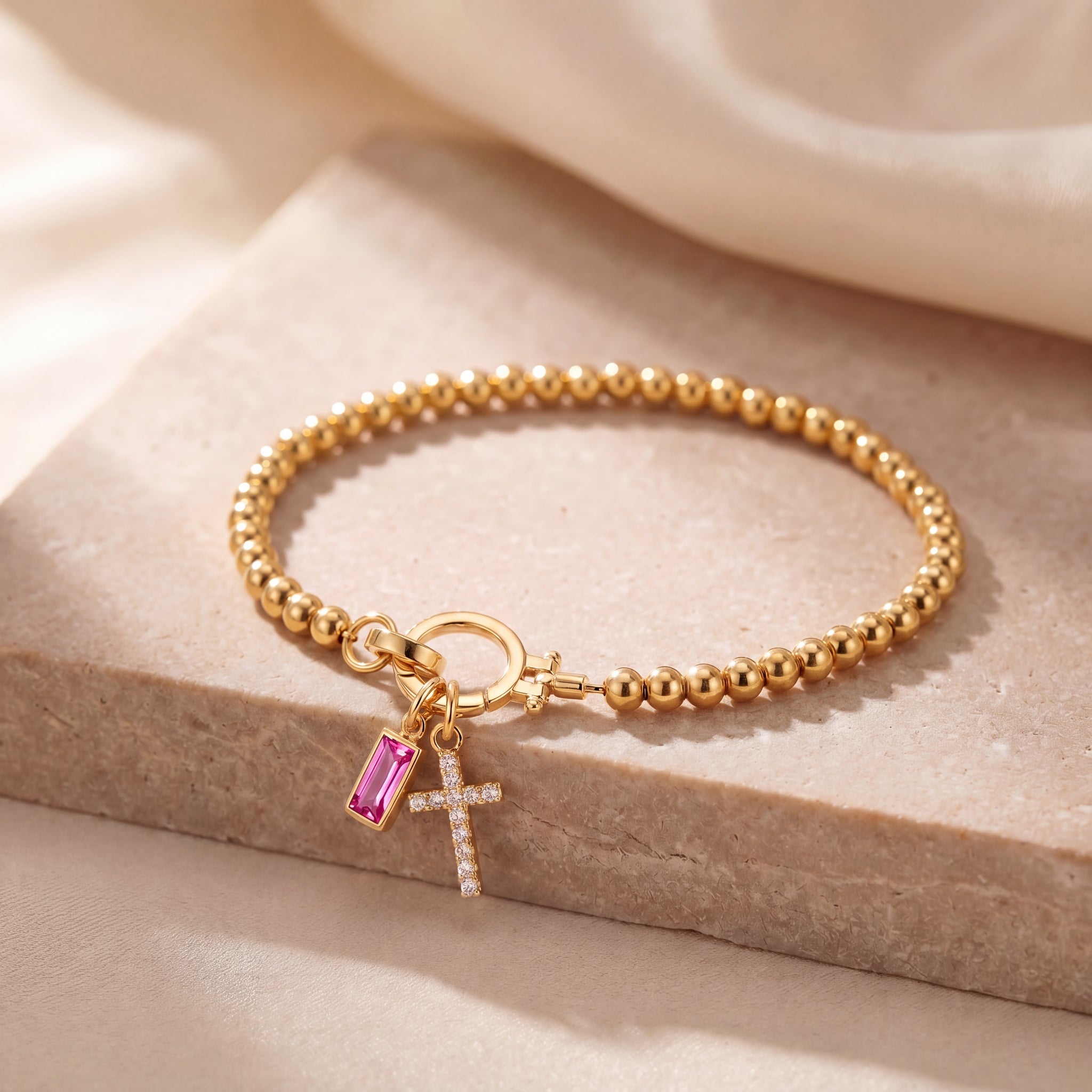 Dainty Cross Charm Birthstone Bracelet