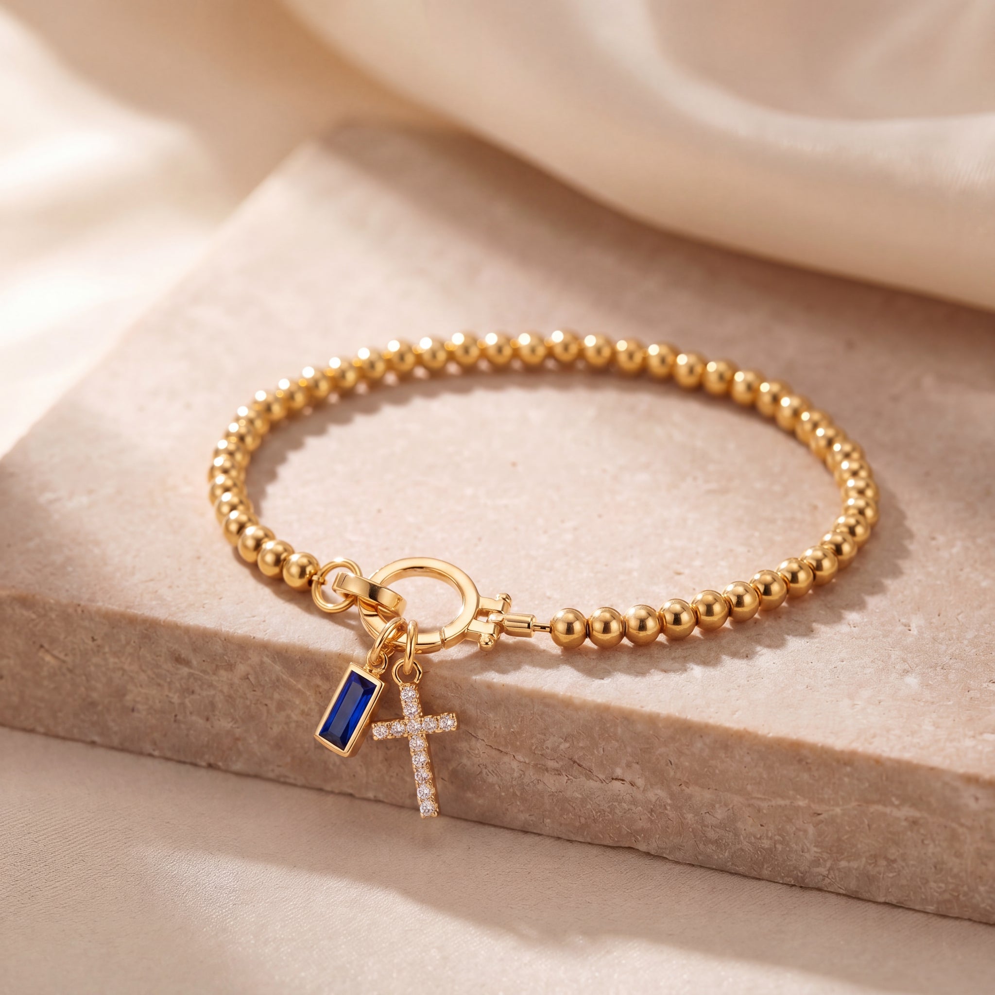 Dainty Cross Charm Birthstone Bracelet