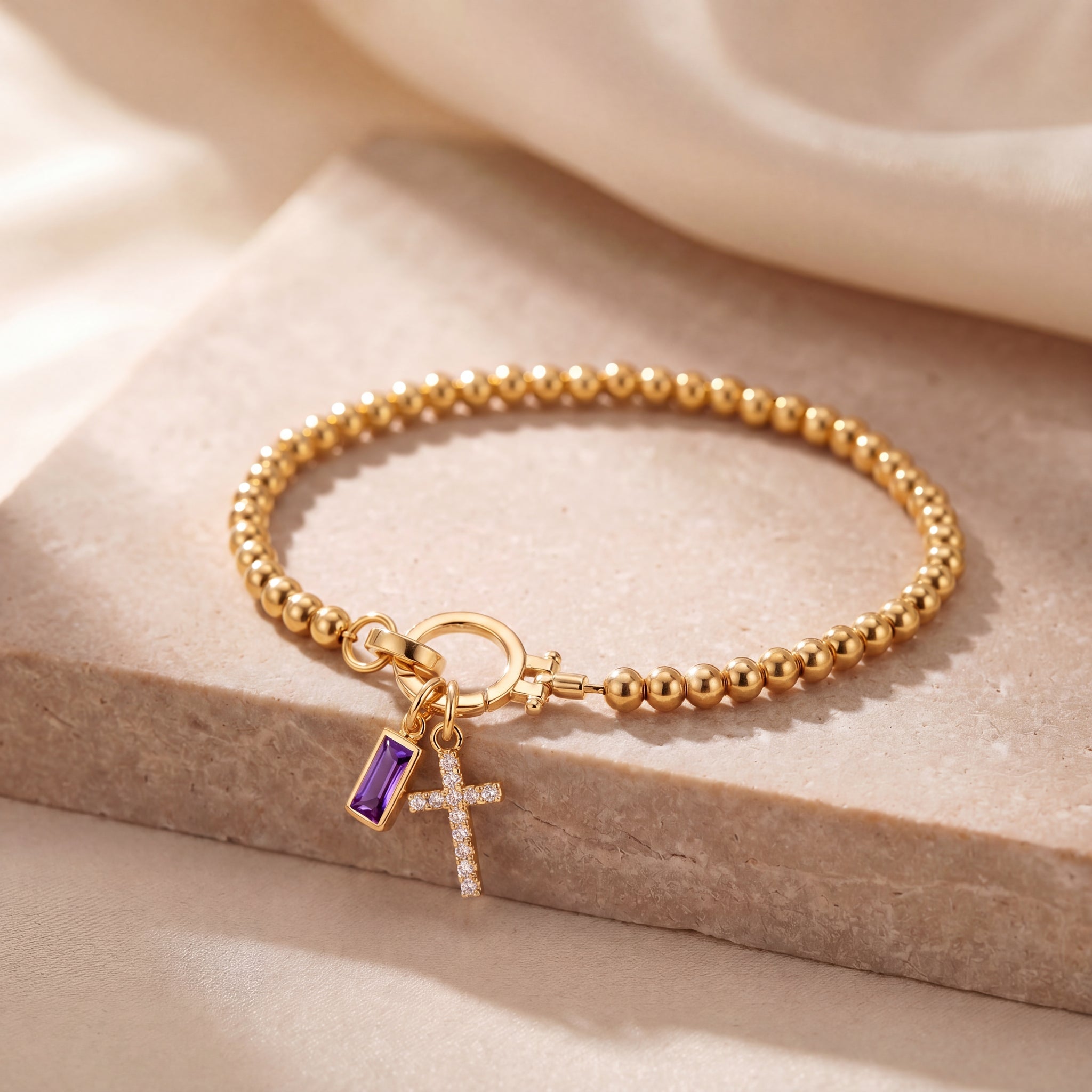 Dainty Cross Charm Birthstone Bracelet