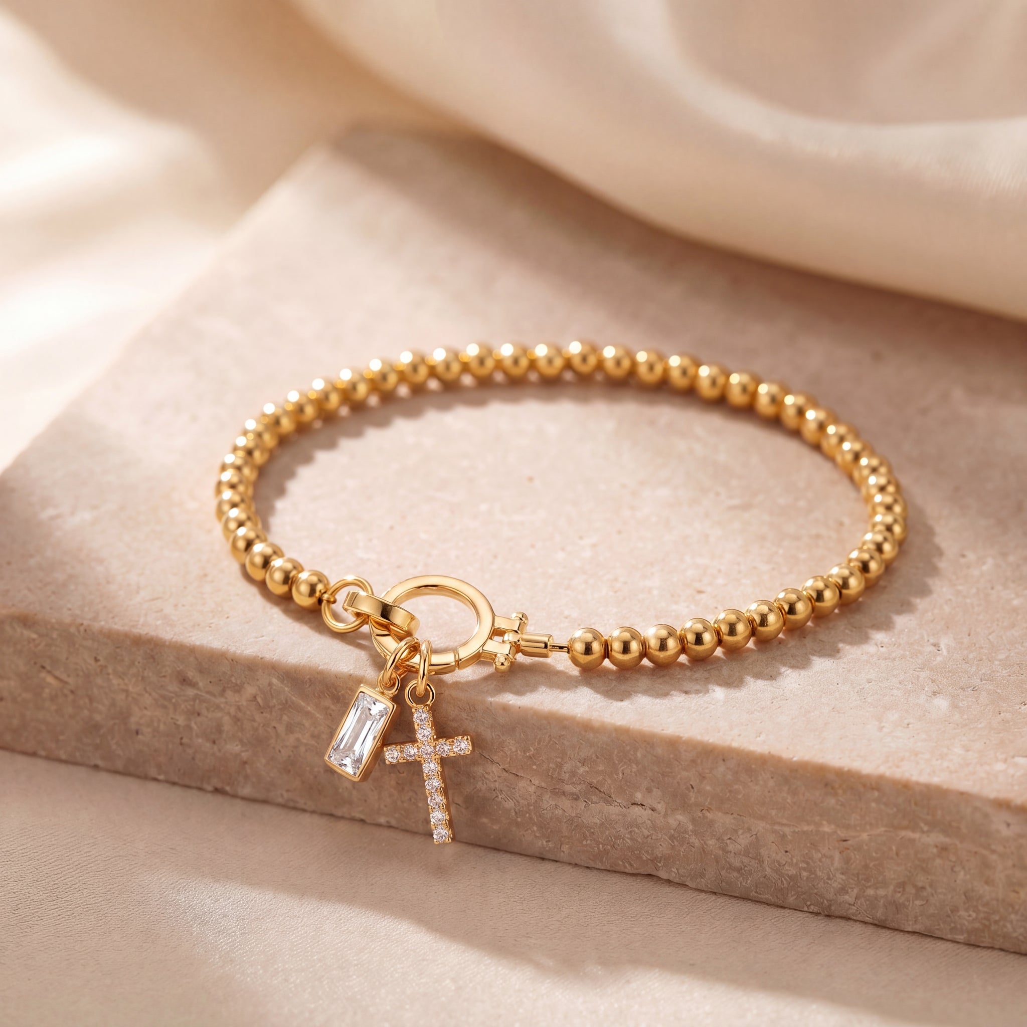 Dainty Cross Charm Birthstone Bracelet