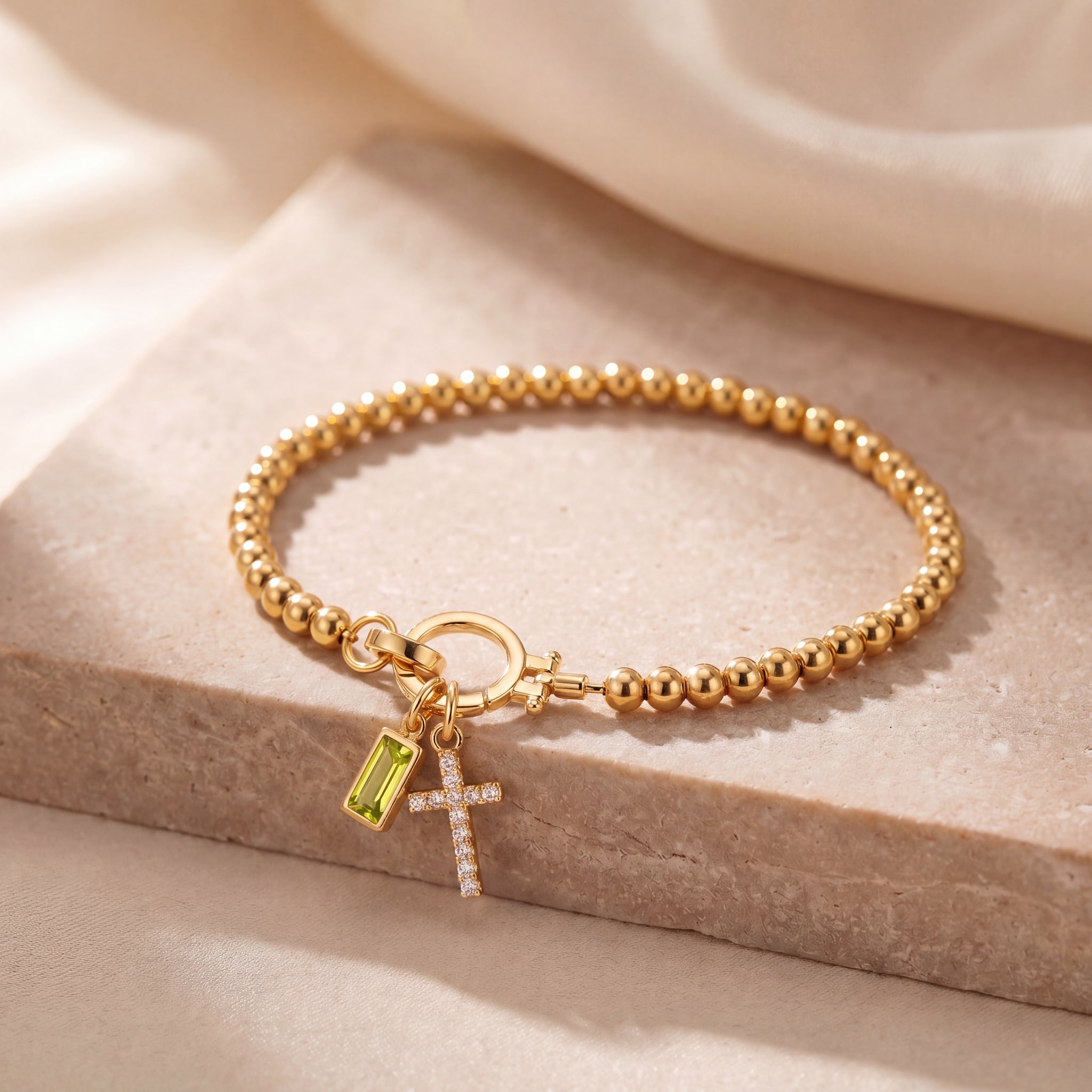 Dainty Cross Charm Birthstone Bracelet