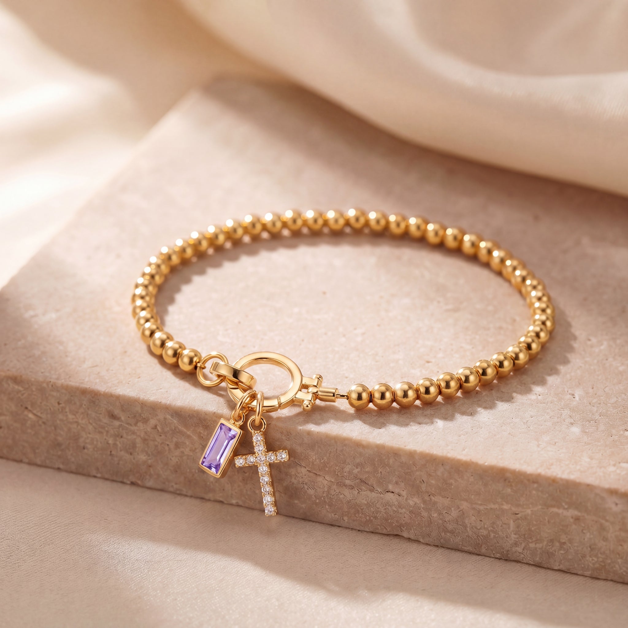 Dainty Cross Charm Birthstone Bracelet