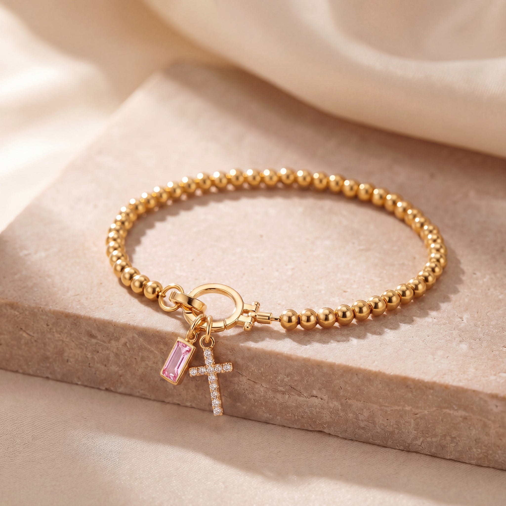 Dainty Cross Charm Birthstone Bracelet