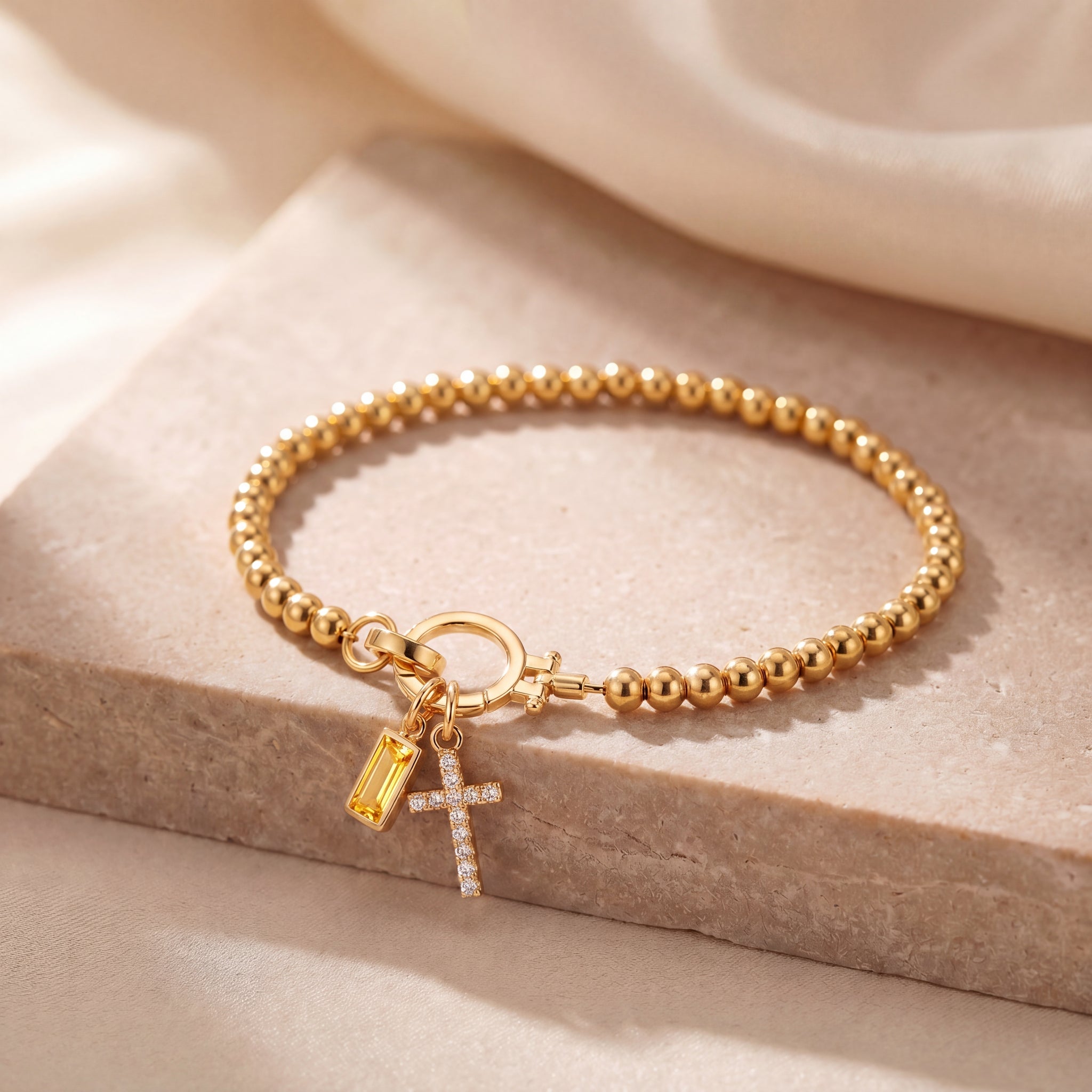 Dainty Cross Charm Birthstone Bracelet
