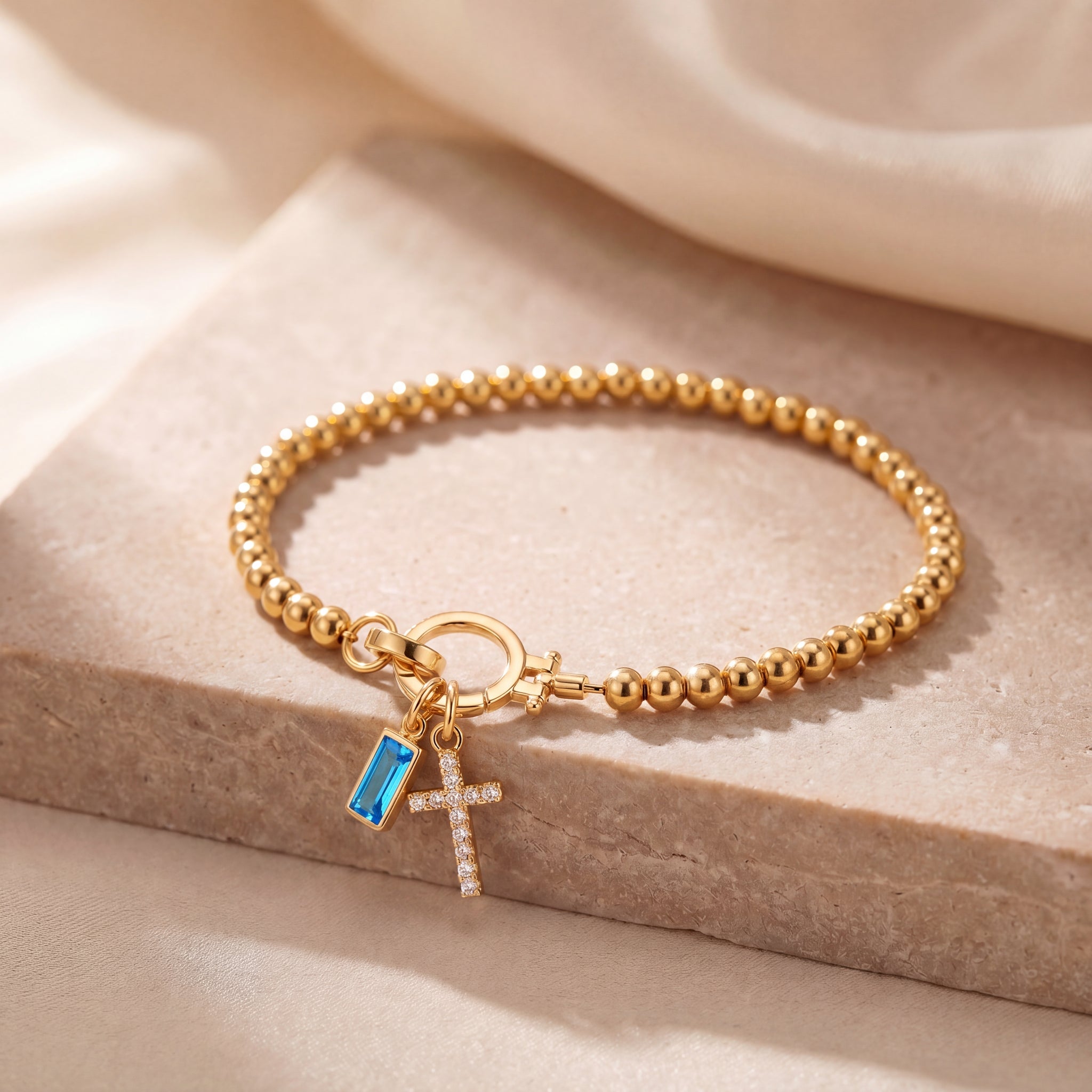 Dainty Cross Charm Birthstone Bracelet